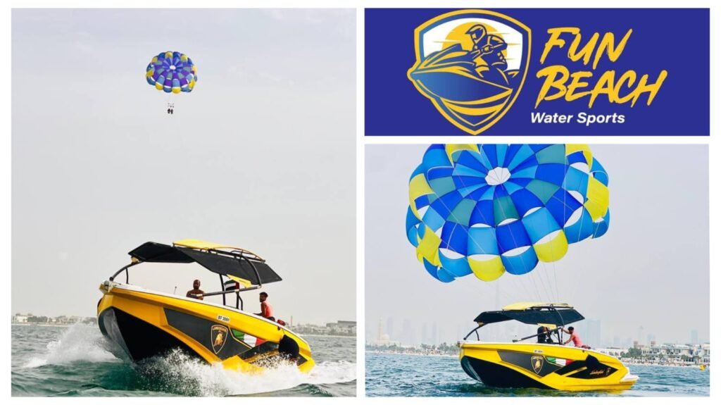 parasailing Dubai with skyline view